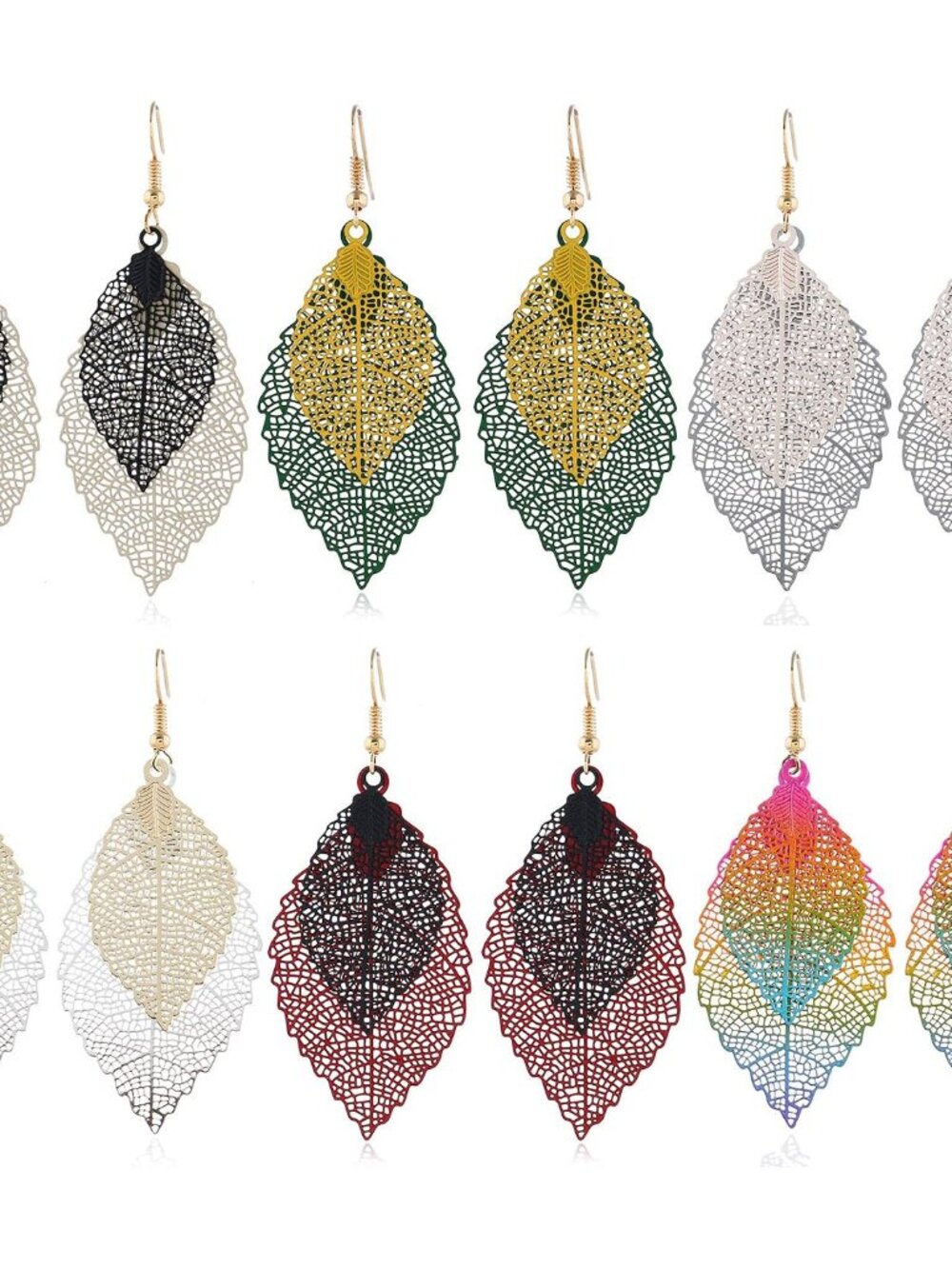 6 Pairs Metal Leaf Boho Dangle Earrings